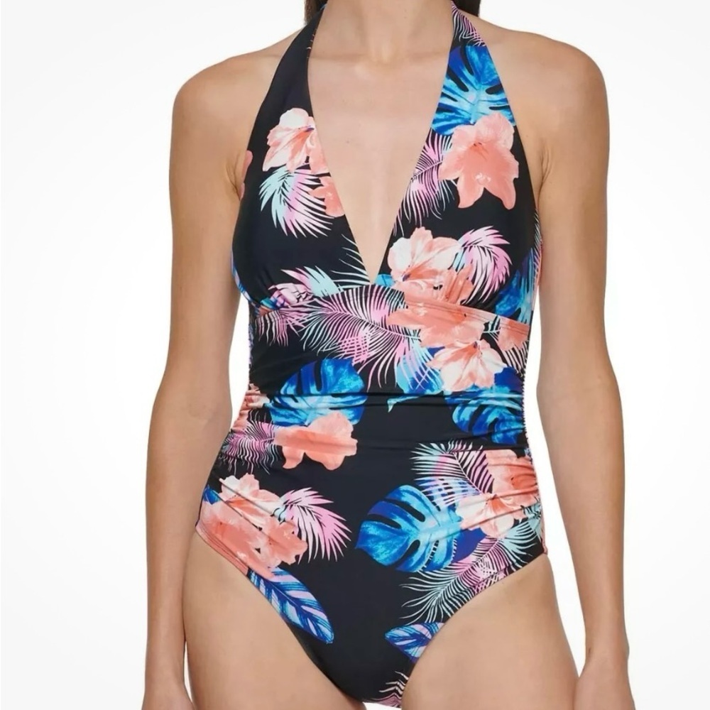 Dkny Black and Pink One Piece Swimsuit with Halter Neck